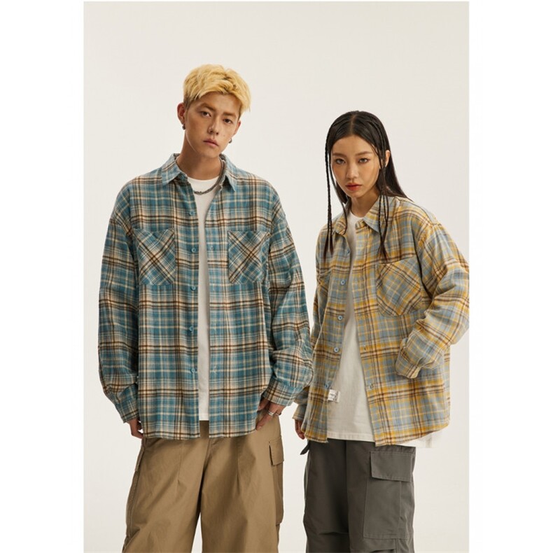 美式复古撞色格纹长袖衬衫秋季宽松休闲情侣工装衬衣外套c07p38,男装衬衫,电商D315
