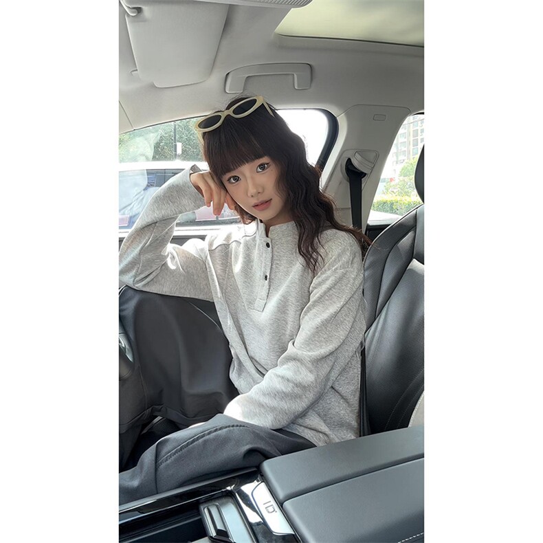 抖音得物品质美式高街重磅曼巴棉拼接cleanfit亨利领卫衣长袖T恤,男装T恤,电商A486