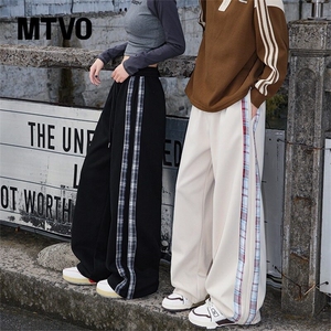 嘻哈设计感格子拼接垂感直筒裤子男美式街头宽松阔脚运动休闲裤图片