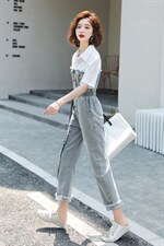 2026夏装新款时尚休闲高腰衬衫牛仔拼接连体裤长裤（配腰带），女装连体裤，印象茜