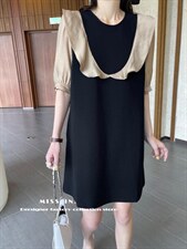 高品袖拼接假两件连衣裙，女装连衣裙，蜜思印·金