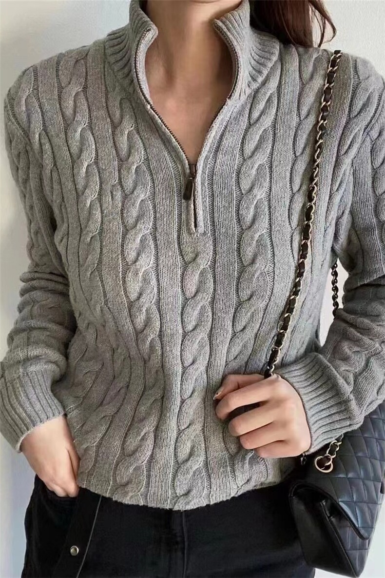 新款女士半开衫拉链毛衣麻花立领刺绣秋冬针织衫上衣,针织衫/毛衣,半城羊绒