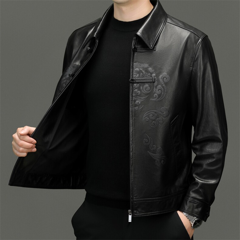 海宁真皮皮衣2025年秋季新款中老年男士翻领印花盘扣山羊皮皮夹克，男装夹克，电商B360A（原721A）