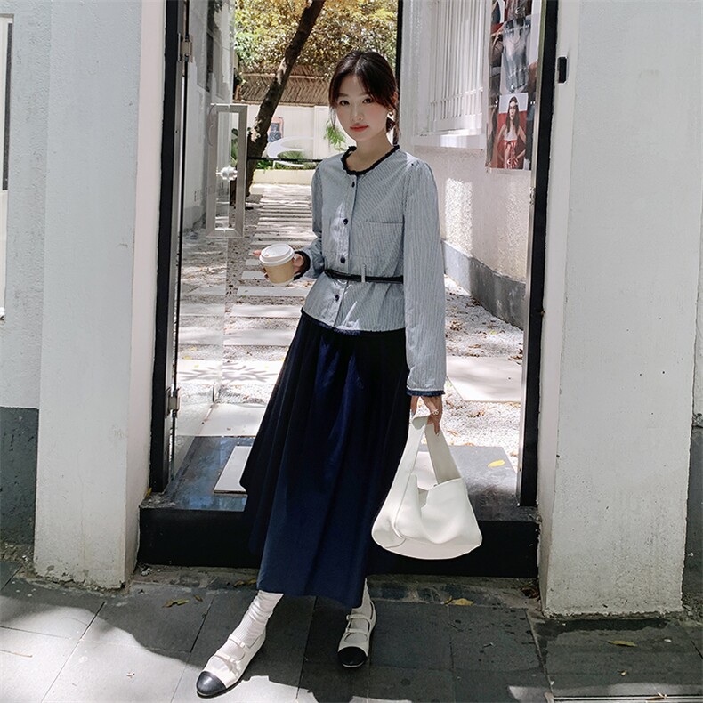设计感时尚套装裙女2025年秋季新款毛边条纹上衣高腰半身裙两件套,女装套装/套裙,2C098