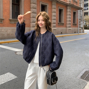 韩系菱格夹棉短外套女秋冬新款高级感休闲宽松加厚小个子棉衣夹克图片
