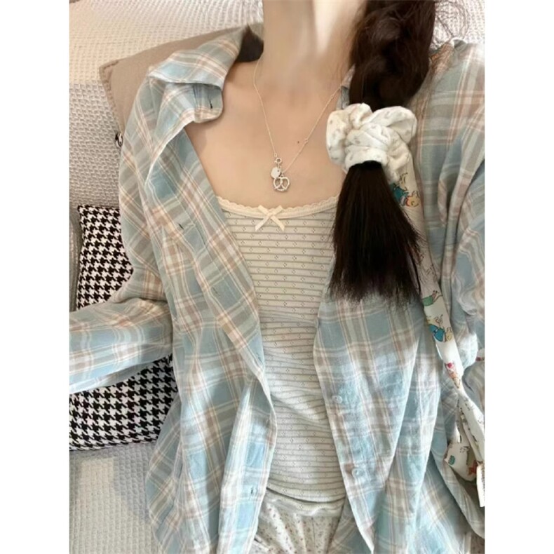 TC495-P45新款美式复古薄款格子设计防晒开衫宽松衬衣,女装衬衫,星座617A-2