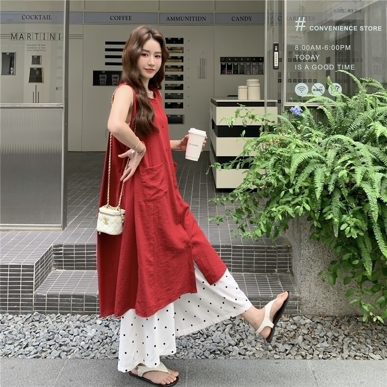 红色无袖衬衫叠穿连衣裙女夏波点阔腿裤两件套装裙巨好看超火爆款,女装套装/套裙,蝶眷