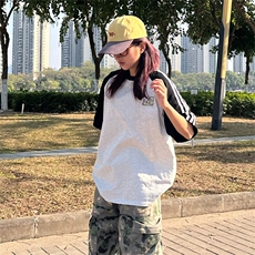 抖音得物品质二开240克宽松纯棉美式潮牌插肩三杠织带短袖T恤，男装T恤，电商A486