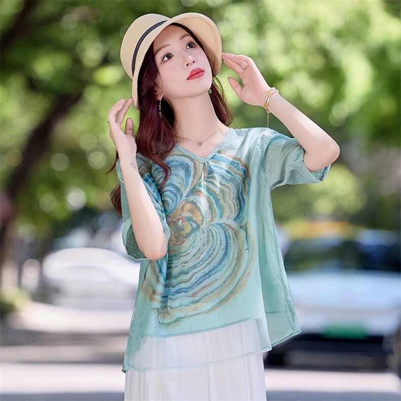 复古印花天丝棉麻衬衫女2025夏薄款v领宽松显瘦休闲宽松苎麻衬衣,女装衬衫,魅影