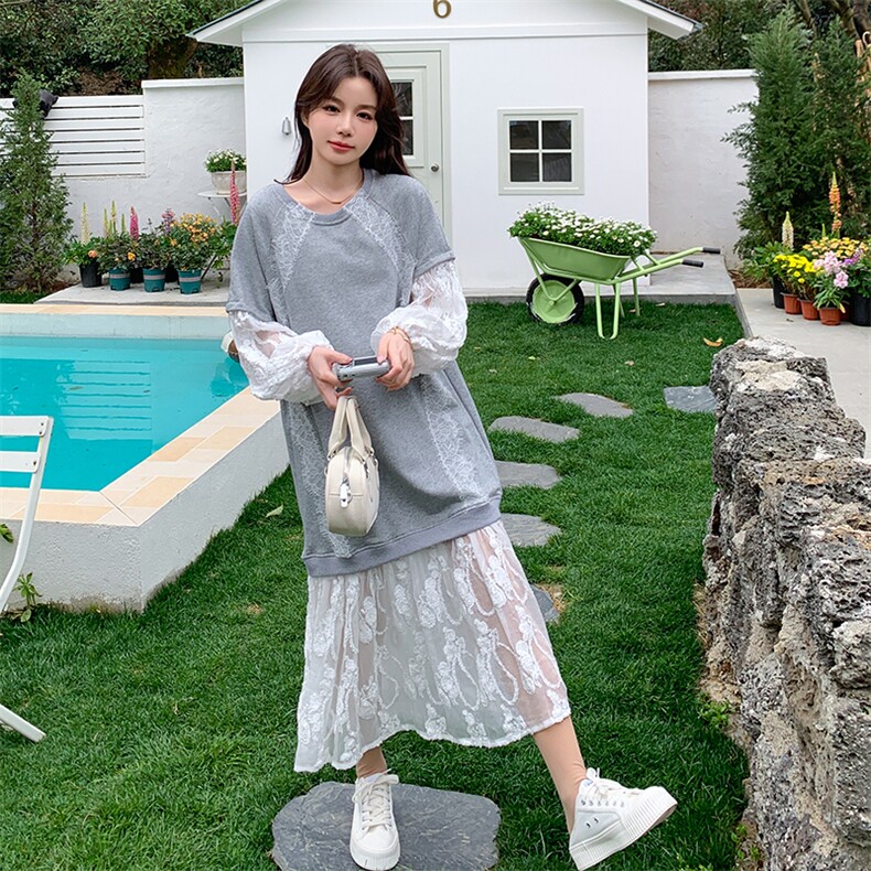 灰色蕾丝拼接假两件连衣裙女2025春季新款设计感超好看宽松卫衣裙,女装连衣裙,2C122