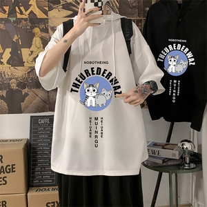 LD54160-P45 NASA连帽短袖t恤男大码胖子带帽五分袖中袖图片