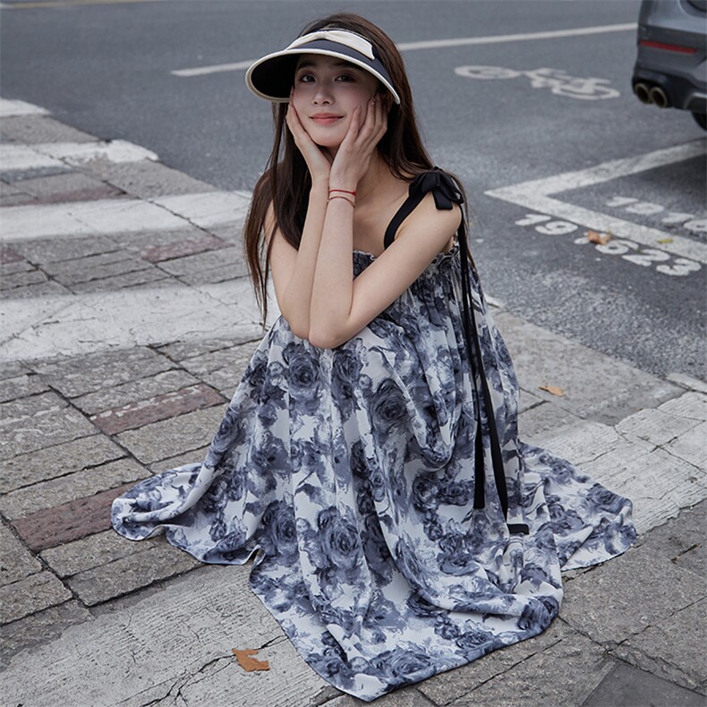 【新款现货】水墨印花两面穿AB撞色肩带连衣裙P90K138,女装连衣裙,2C333
