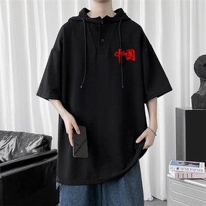 LD54276-P45 连帽短袖t恤男大码胖子带帽五分袖中袖图片