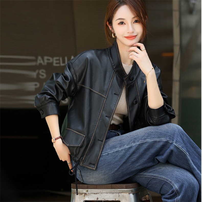 对白时尚设计感抽绳短外套女2024秋装新款今年流行小个子皮衣夹克,女装皮衣,欧兰熙