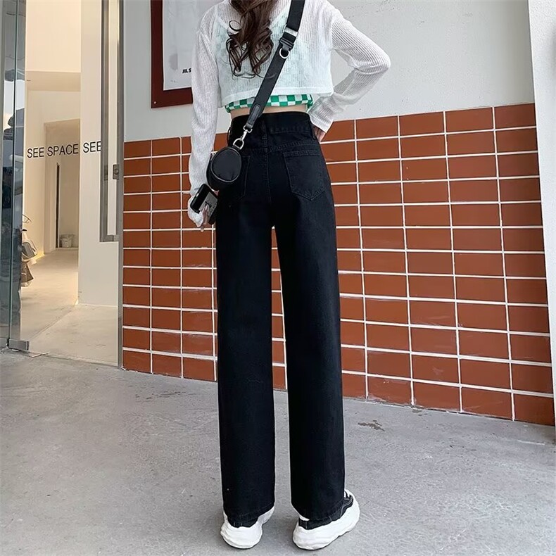 黑色阔腿牛仔裤女新款高腰显瘦春装直筒宽松春季丝巾拖地裤,女装牛仔裤,中性港风女装