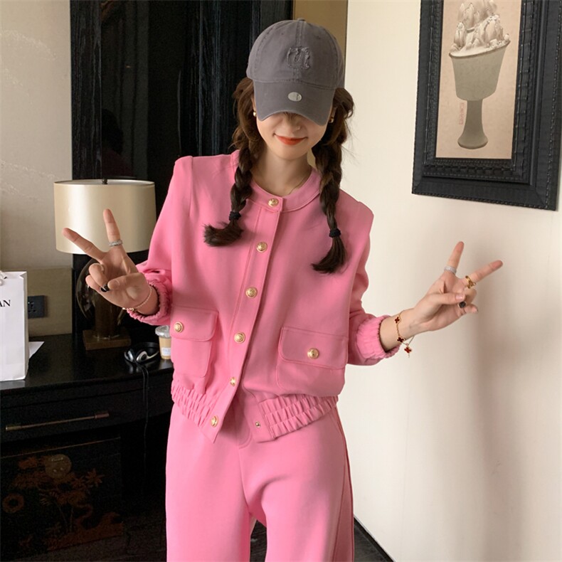 欧货套装2024春秋季新款粉色时尚运动外套女阔腿裤洋气休闲两件套,商品下架区,帛香坊