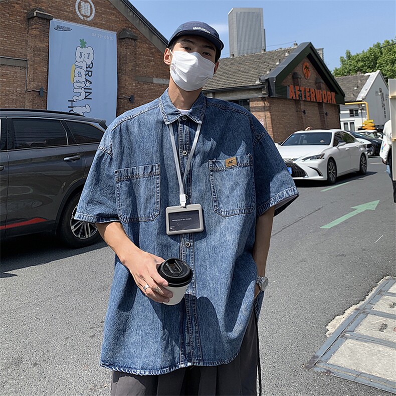 S25-P45日系复古宽松型牛仔短袖衬衫图片