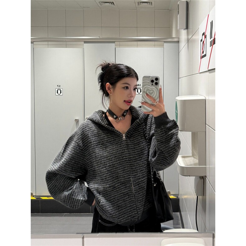 新款美式复古条纹拉链开衫连帽卫衣男女情侣外套WY151-P80,女装短外套,星座208-5