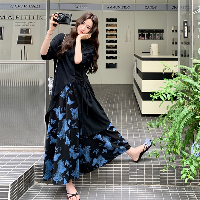 黑色衬衫连衣裙碎花阔腿裤套装女夏2025新款巨好看流行两件套爆款图片