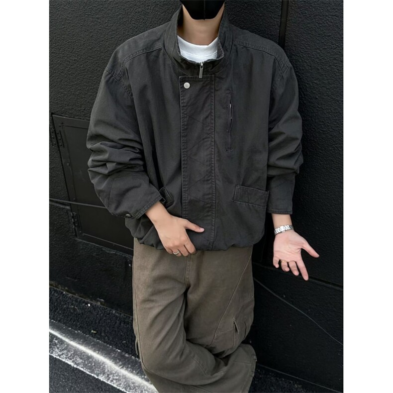 美式复古卡其立领工装夹克cleanfit高级感短宽巴恩风外套jk173p65,男装夹克,电商D315