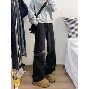 美式复古vibe裤子毛边破洞拼接牛仔裤男款直筒宽松阔腿裤NM2018