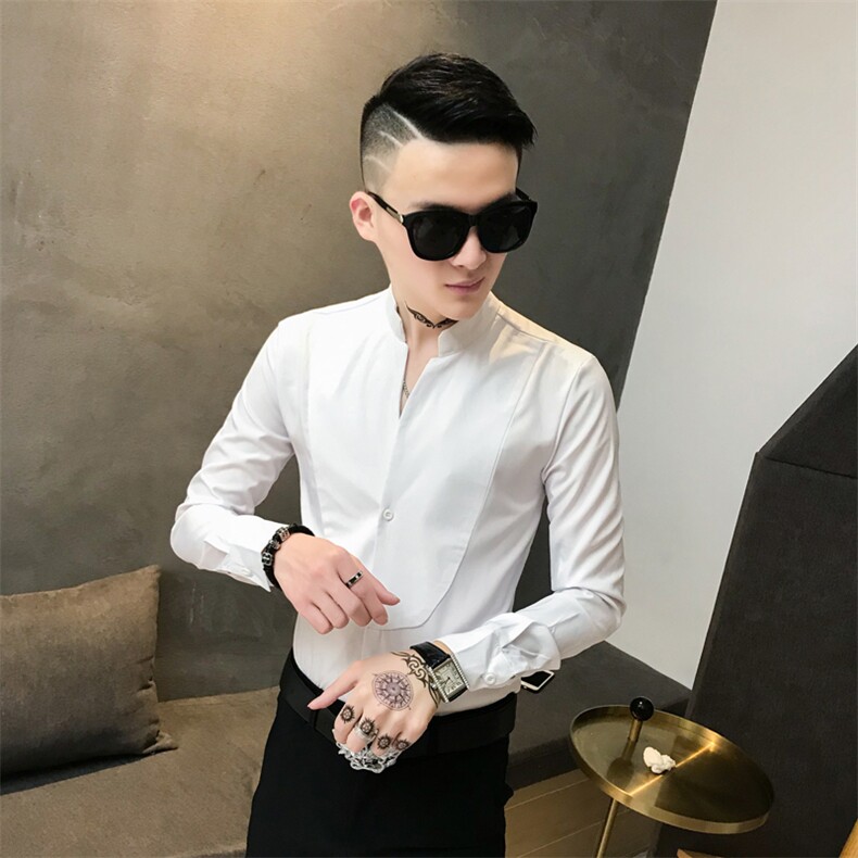 312A-836-P50新款立领纯色修身衬衫男发型师网红夜场工装衬衫-首1,男装衬衫,星座312A-5
