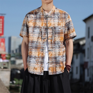 夏季新中式格纹晕染风铜扣短袖衬衫立领盘扣唐装衬衣30502图片