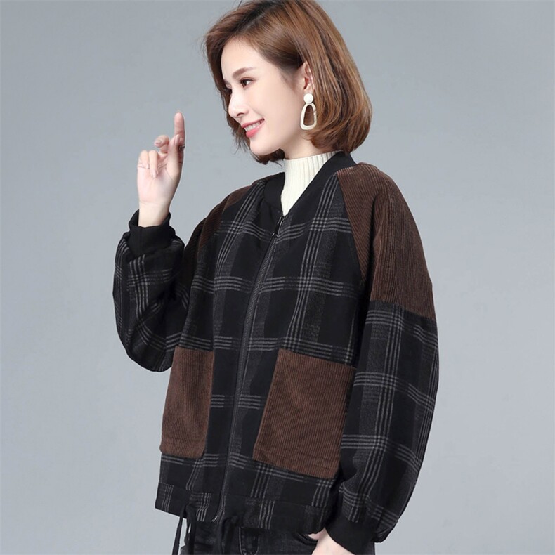 2020年冬装新款牛仔棉袄棉衣女格子拼接灯蕊绒外套女图片