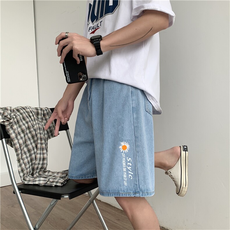 新款男简约夏季休闲牛仔裤潮流ins五分裤时尚都市印花 K844-P32图片