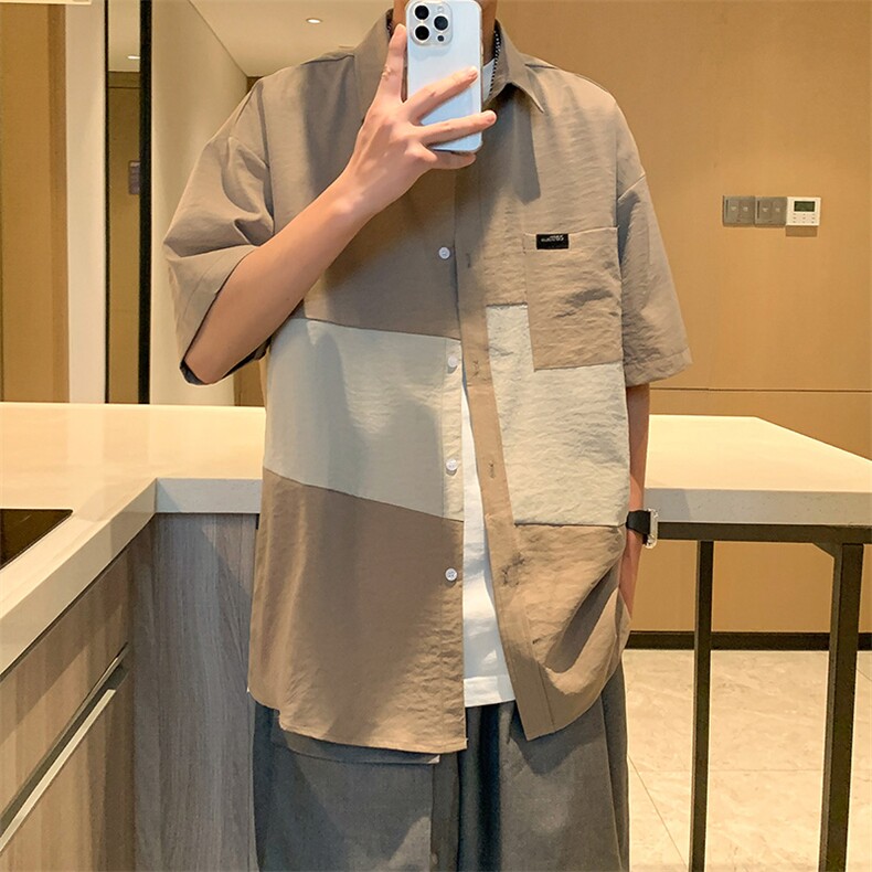 24年港风夏款工装拼接宽松短袖衬衫男CS114P40,男装衬衫,星座1204-3