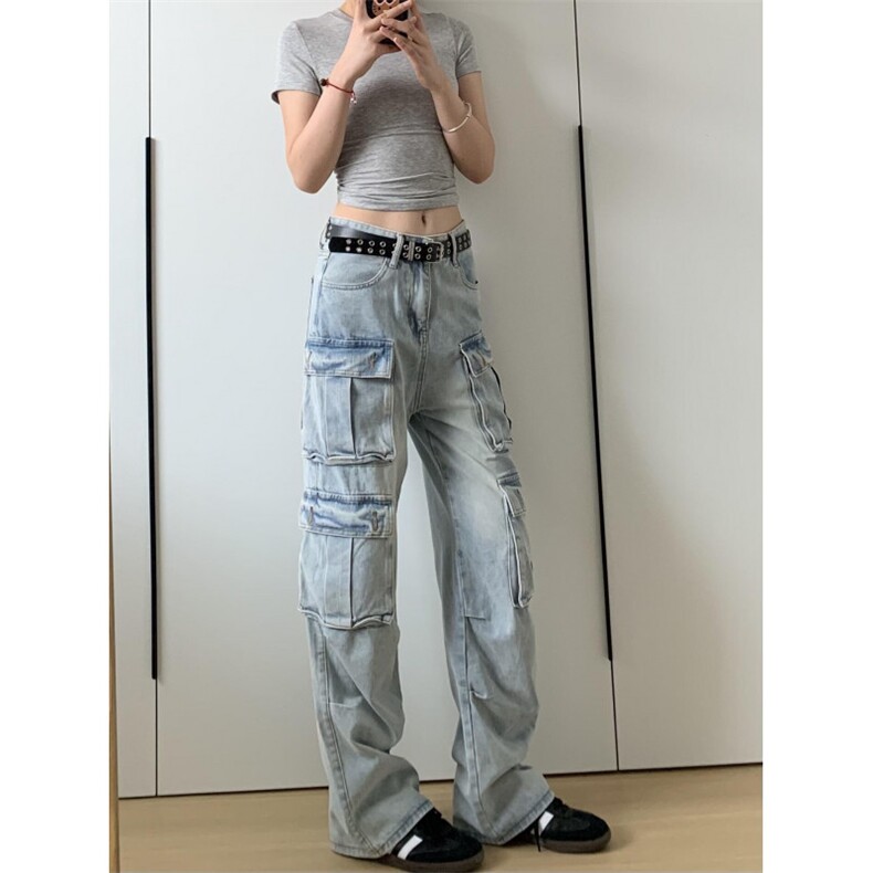 【有货】浅蓝色多口袋工装牛仔裤男款宽松美式裤子K8034LL-特P56,男装牛仔裤,星座1007（原301D）
