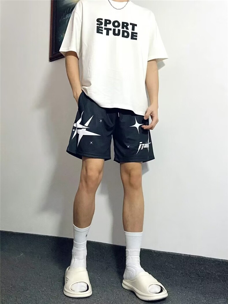 夏季日系纯色基础速干防泼休闲短裤男女廓形宽松运动五分沙滩裤,男装牛仔裤,四季星座505