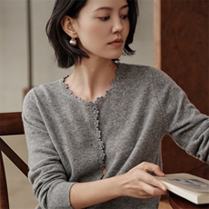 羊绒开衫女2025秋冬新款100羊绒高端圆领上衣纯色时尚花边外套，女装羊绒衫，绒知纯羊绒