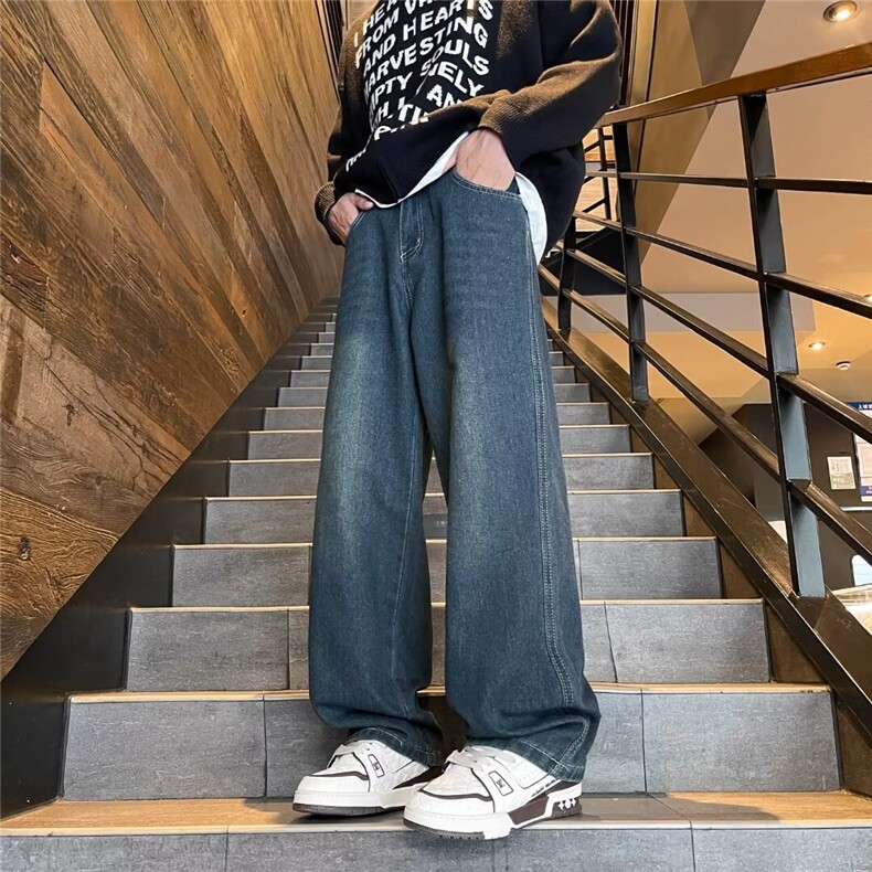 水洗做旧牛仔裤男秋季设计感垂感裤子宽松直筒阔腿裤NM2022,男装牛仔裤,星座1116A-1（原606A）