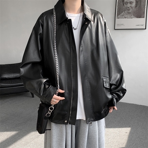 F677P65春秋男生休闲夹克PU机车时尚宽松日系夹克复古图片