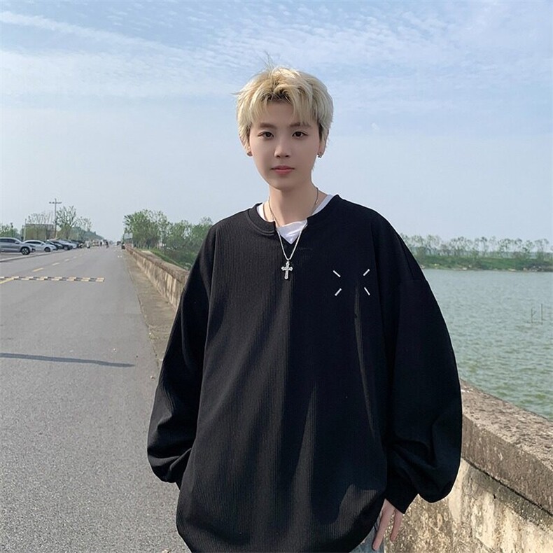 网图白色华夫格v领长袖t恤男潮牌打底衫宽松上衣A806-P42,男装T恤,星座1001-1