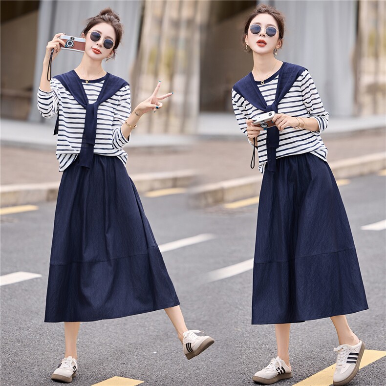 套装裙2025秋季新款韩系松弛感大方得体休闲学院风条纹穿搭一整套，女装套装/套裙，盈茜