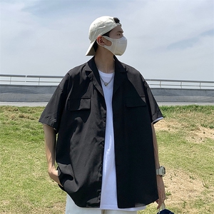 新款港风双口袋工装衬衫男原宿宽松休闲短袖衬衣潮夏季 W3217-P30图片