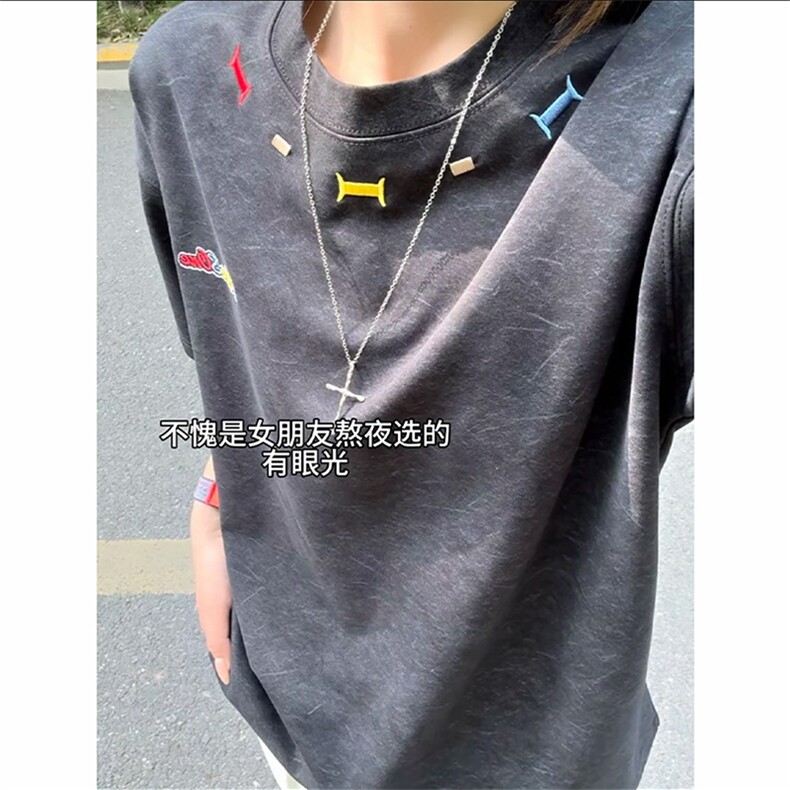 美式重磅做旧绣花短袖t恤圆领宽松半袖情侣上衣T3684-特价P35,男装T恤,电商A007