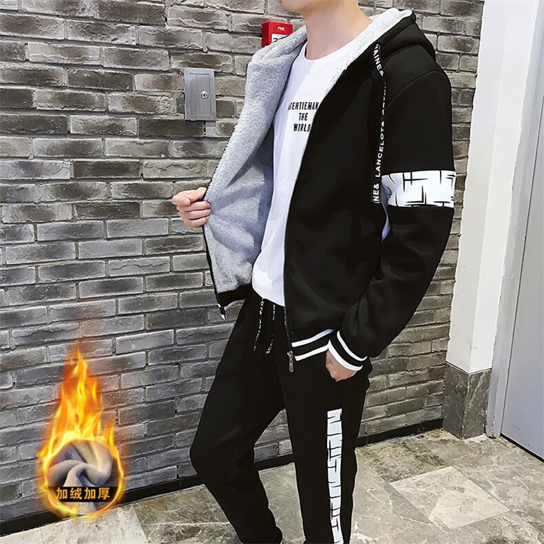 冬季新款加绒加厚卫衣套装青少年连帽开衫两件套男G05P95,男装休闲套装,电商A086