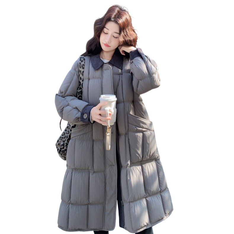 新品灯芯绒翻领长款羽绒服50白鸭绒2C271-9578-P335-K468,女装羽绒服,2C271