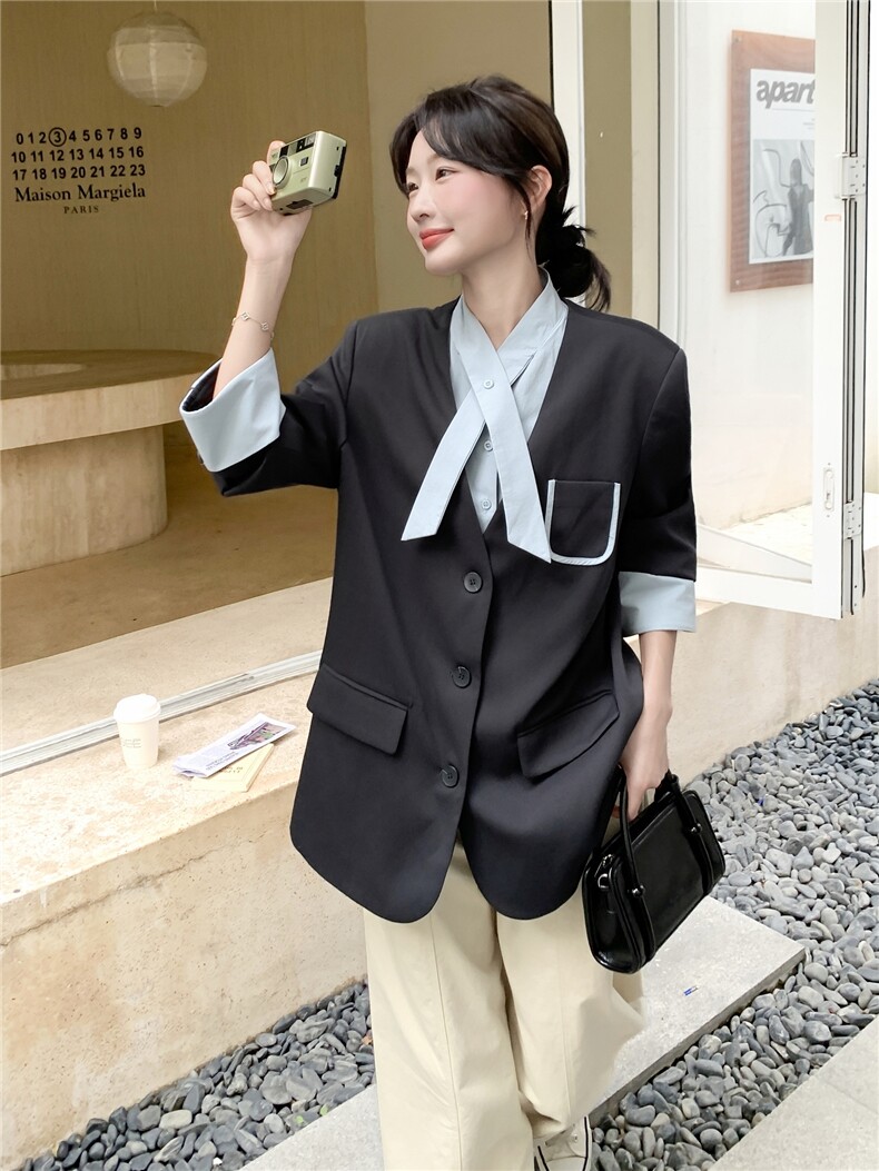 通勤拼接假两件短款西服上衣女春秋超火好看高级小众职业西装外套,女装西装,韩蜜菓