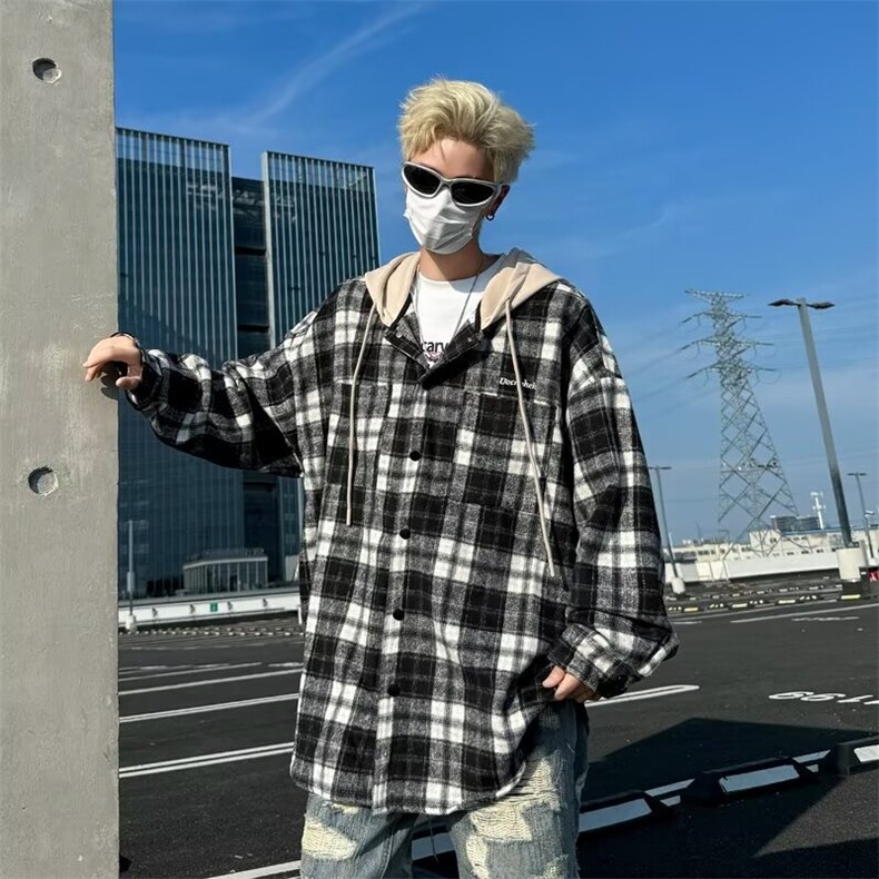 格子连帽长袖衬衫女2024春秋季新款宽松呢料衬衣外套夹克C29/P54,男装夹克,星座506
