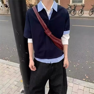 假两件拼接格纹POLO衫男夏季美式复古宽松休闲新款短袖t恤CS091图片