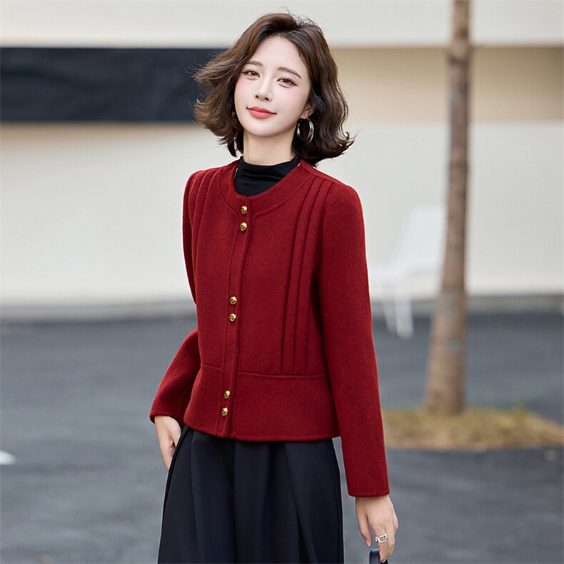 红色小香风双面羊绒大衣女高级感2025新款春季短款西装毛呢外套,女装双面呢大衣,美沁