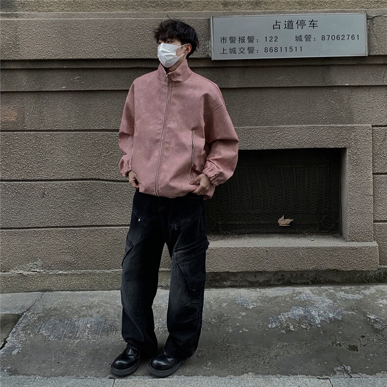港风美式复古做旧面料双拉链大口袋PU皮衣夹克男JK77777P95控128,男装夹克,星座226-1