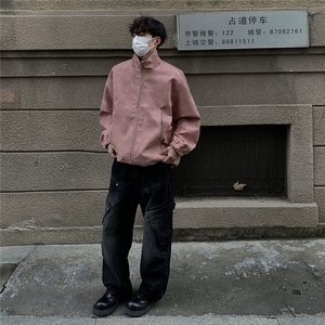港风美式复古做旧面料双拉链大口袋PU皮衣夹克男JK77777P95控128图片