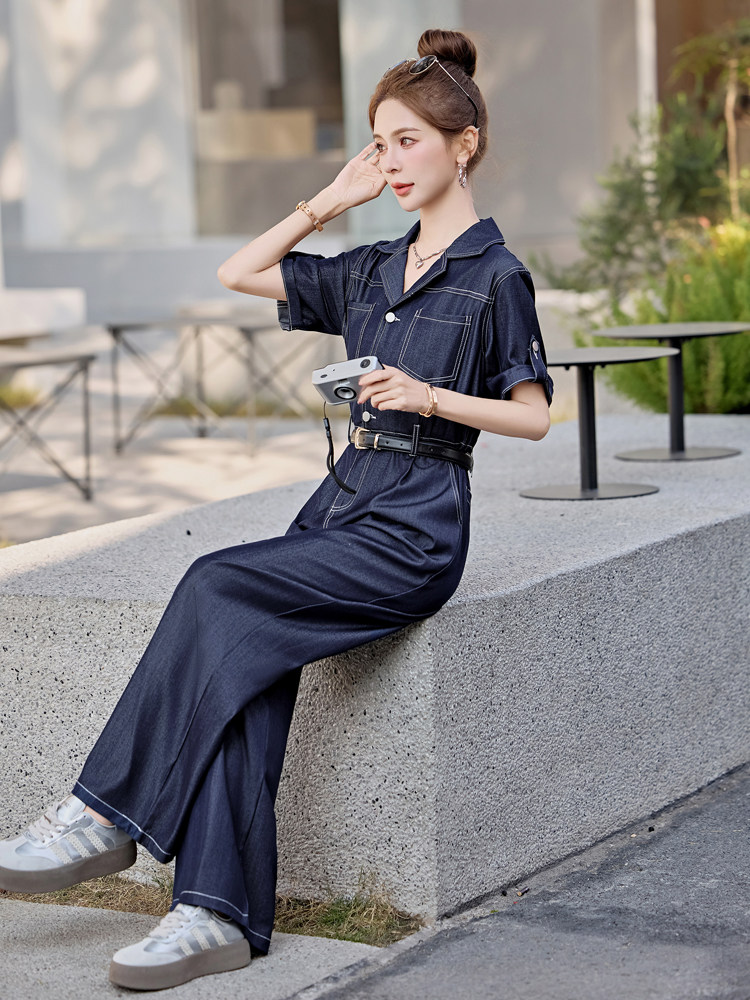 （新款现货）闺舍2026夏时尚女洋气天丝牛仔阔腿连体裤（配腰带）,女装连体裤,印象茜
