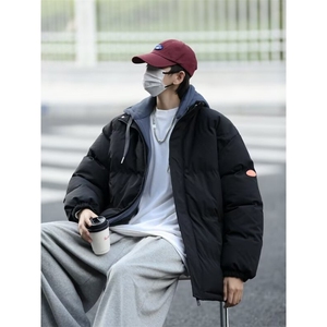 假两件连帽棉服外套男宽松加厚保暖棉衣大码冬装潮纯色面包棉袄子
