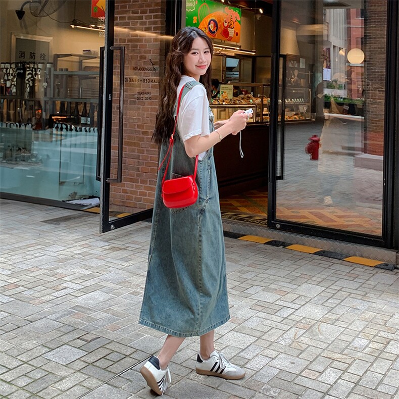 港风复古减龄牛仔背带连衣裙女2025夏季新款韩版宽松显瘦盐系长裙,女装连衣裙,2C087